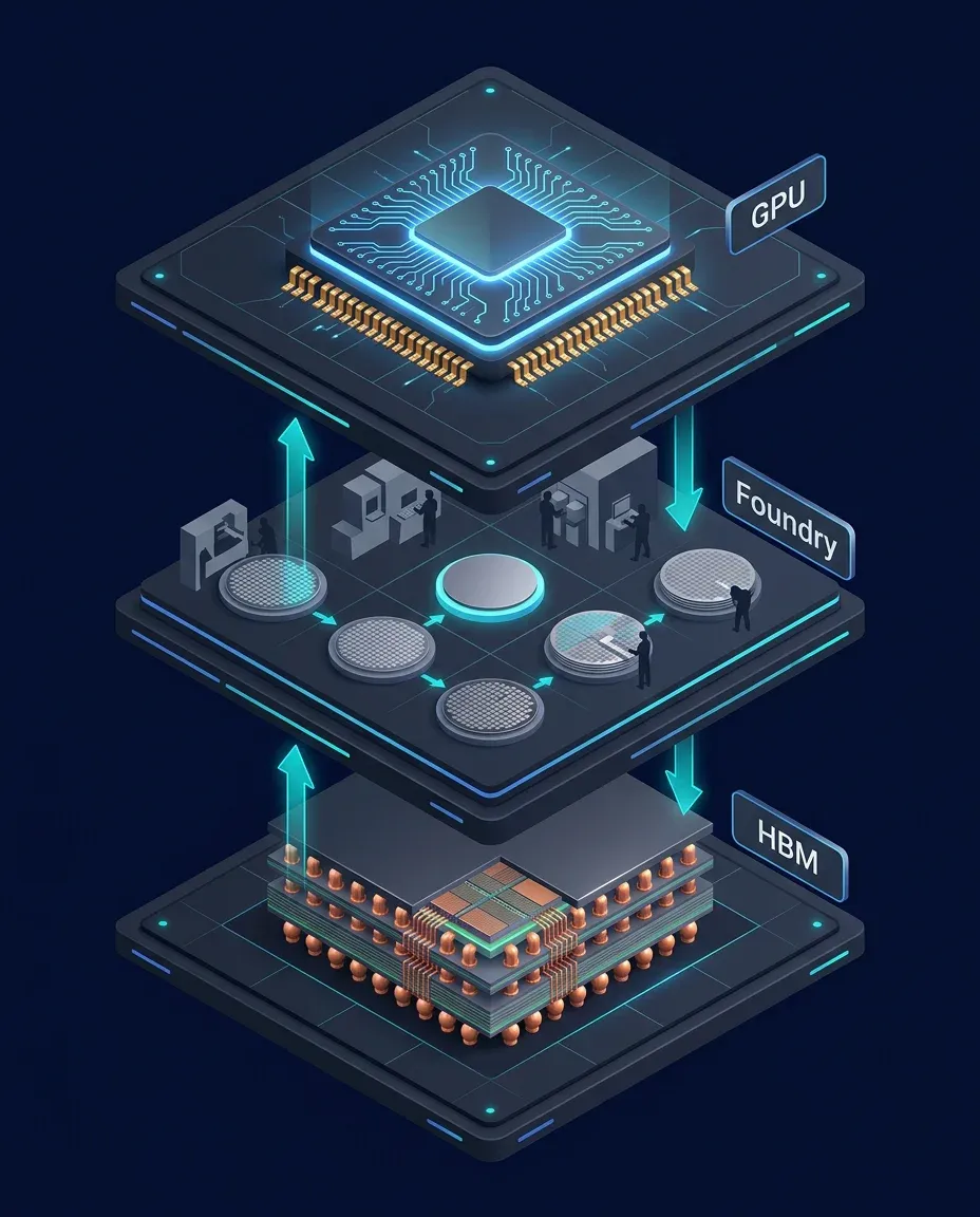 Sơ đồ ba tầng chuỗi chip AI: GPU, Foundry và HBM xếp chồng