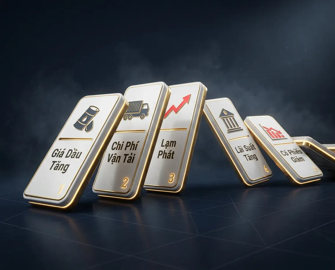Minh họa hiệu ứng domino từ giá dầu tăng đến cổ phiếu giảm