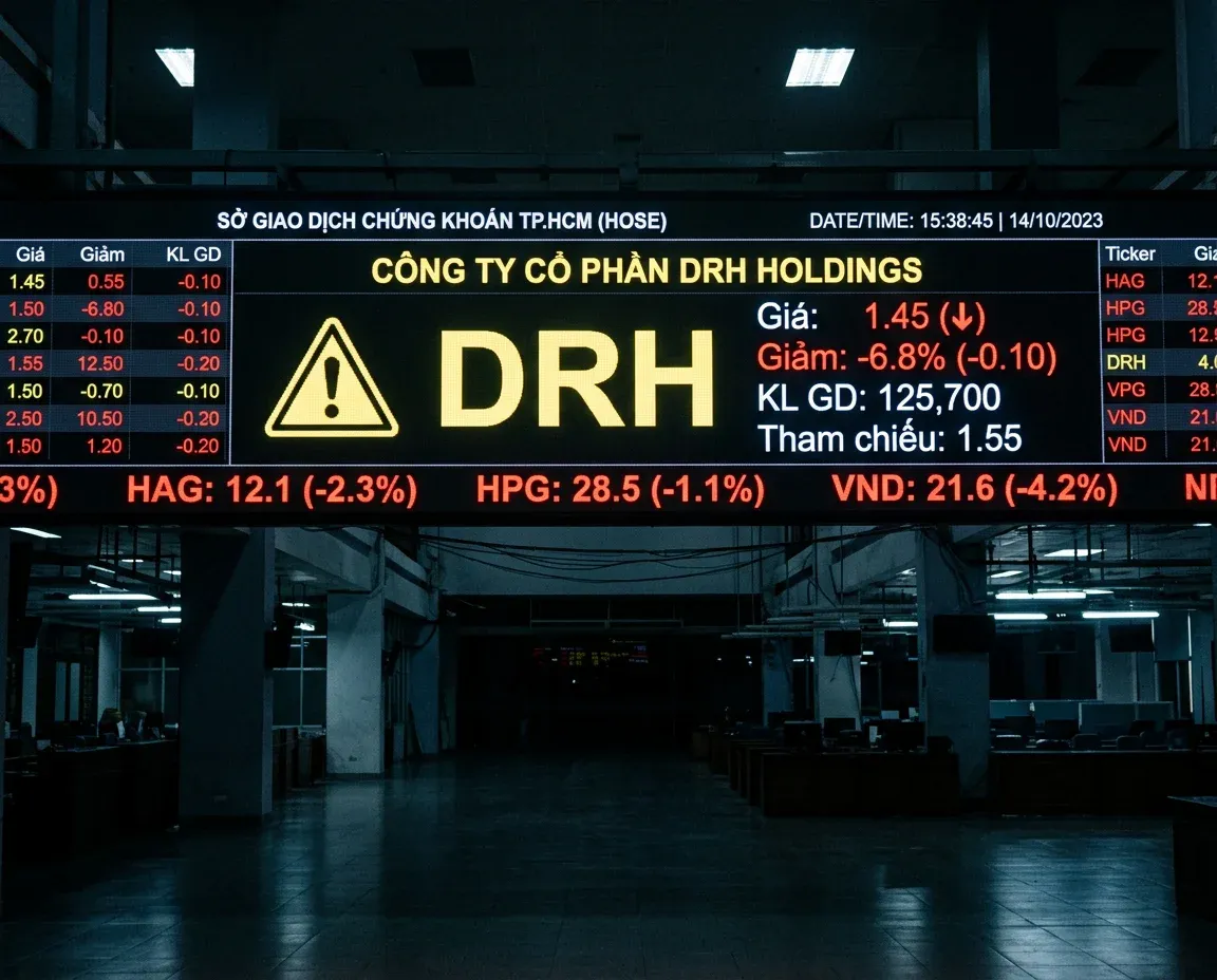 Màn hình điện tử HOSE hiển thị cảnh báo cổ phiếu DRH