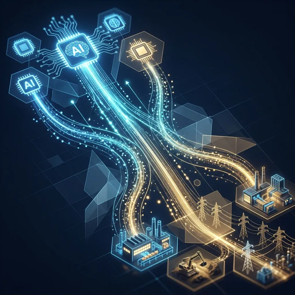 Minh họa dòng tiền dịch chuyển từ AI sang kinh tế thực — nhà máy, hạ tầng, khai khoáng