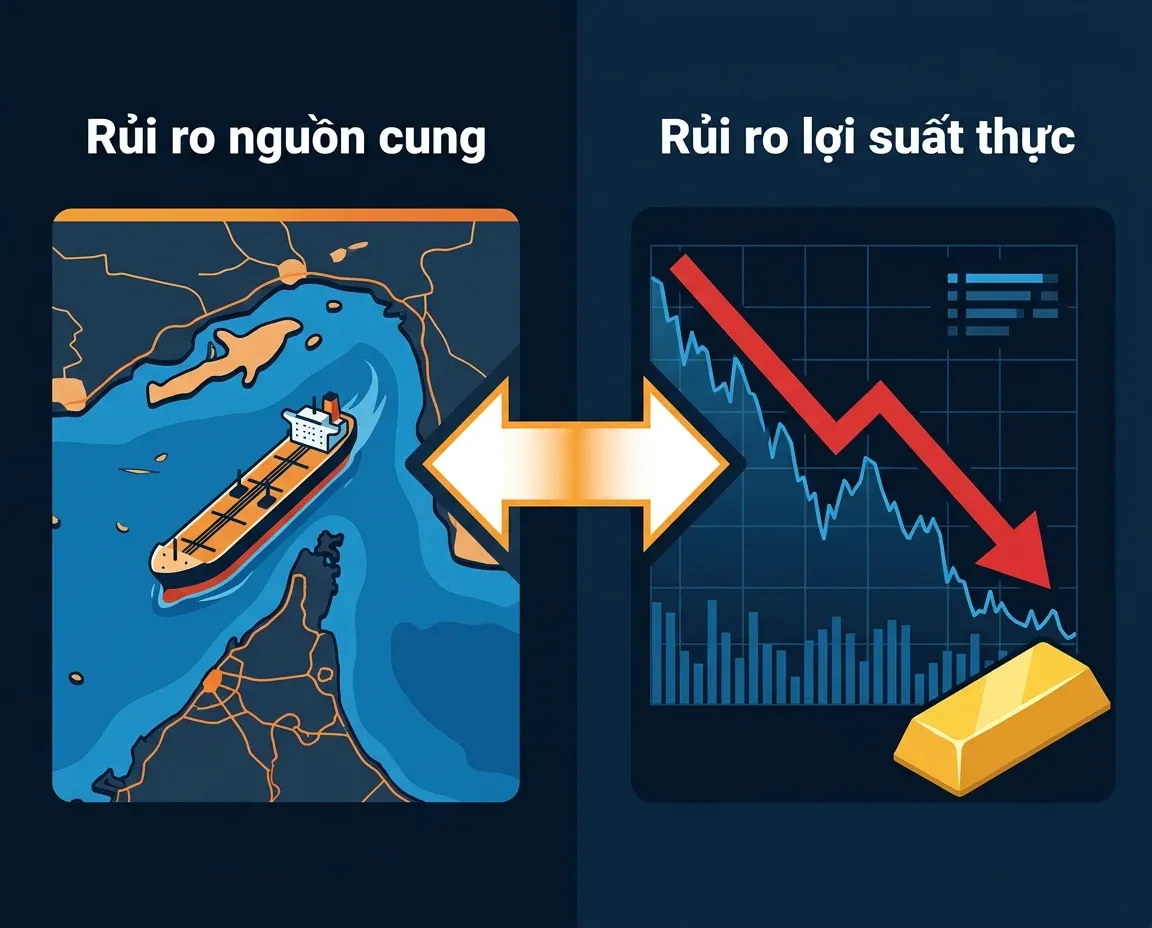 Hai kênh rủi ro: rủi ro nguồn cung (dầu) và rủi ro lợi suất thực (vàng)