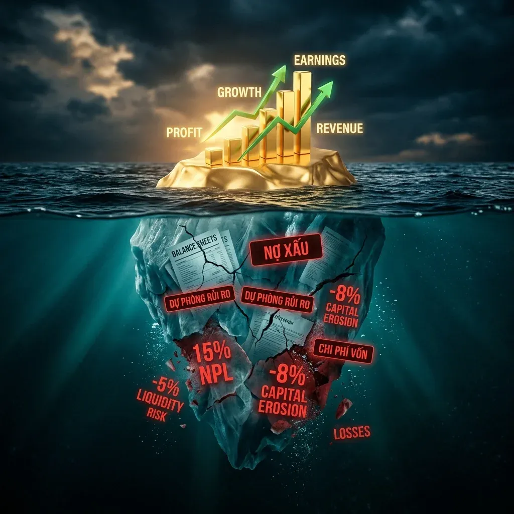 Minh họa rủi ro ngầm: phần nổi là tăng trưởng, phần chìm là nợ xấu và chi phí vốn