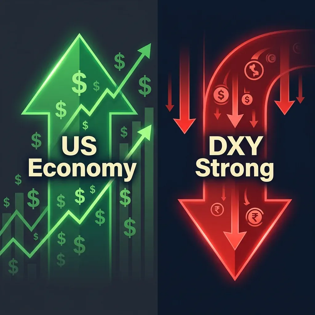 Minh họa hai lực đối lập: kinh tế Mỹ mạnh hỗ trợ xuất khẩu nhưng DXY mạnh hút vốn khỏi thị trường mới nổi