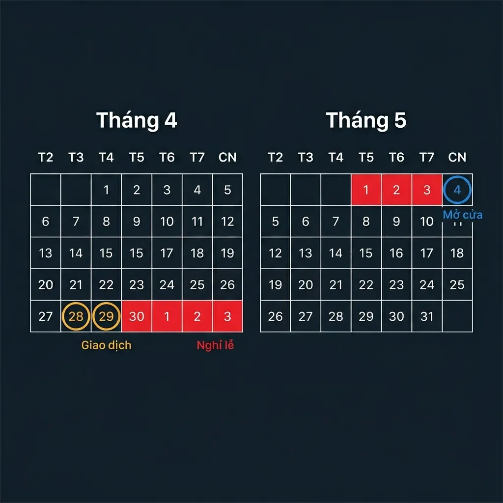 Lịch nghỉ 30/4: 30/4 đến 3/5 sàn đóng cửa, 4/5 mở lại