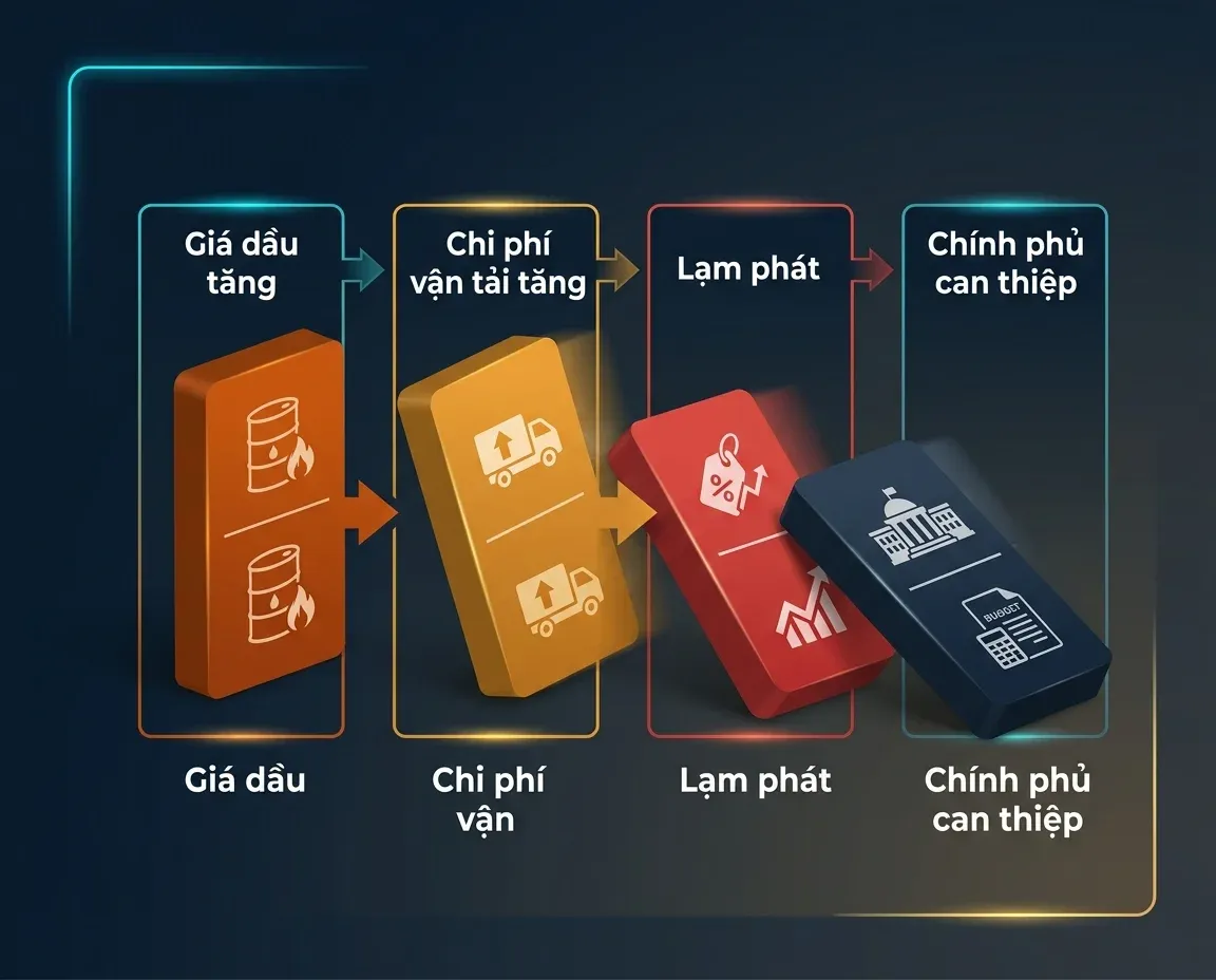 Chuỗi domino tác động: giá dầu tăng dẫn đến chi phí vận tải, lạm phát, và can thiệp ngân sách