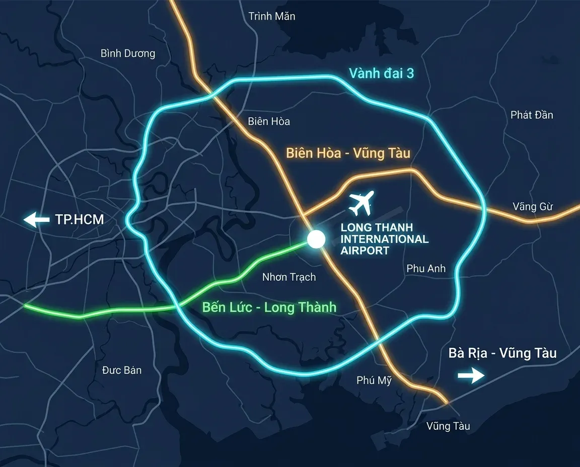 Bản đồ 3 tuyến cao tốc kết nối sân bay Long Thành