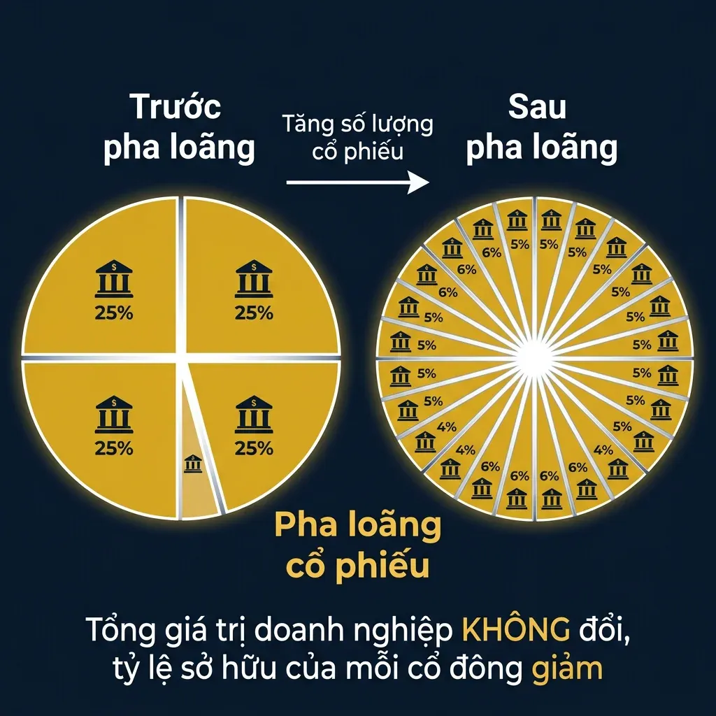 Minh họa pha loãng cổ phiếu: tổng giá trị doanh nghiệp không đổi, tỷ lệ sở hữu giảm