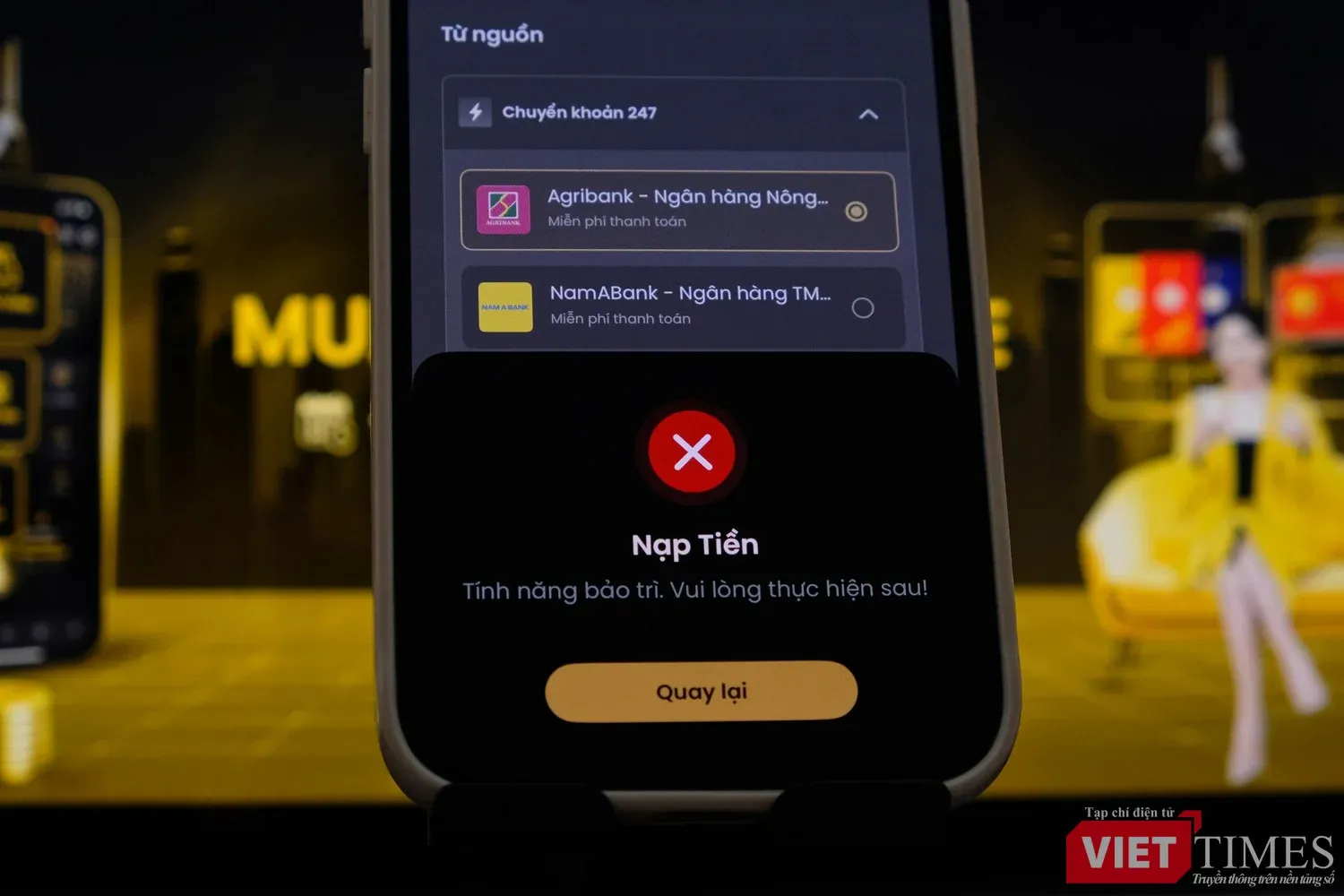 Giao diện ứng dụng HanaGold hiển thị lỗi khi người dùng cố nạp tiền